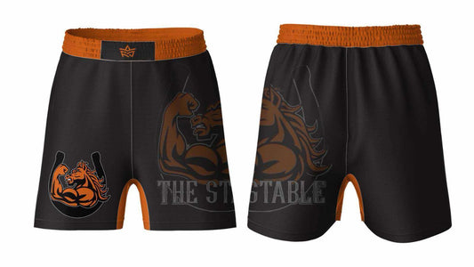 The Stable Black and Orange Fight Shorts